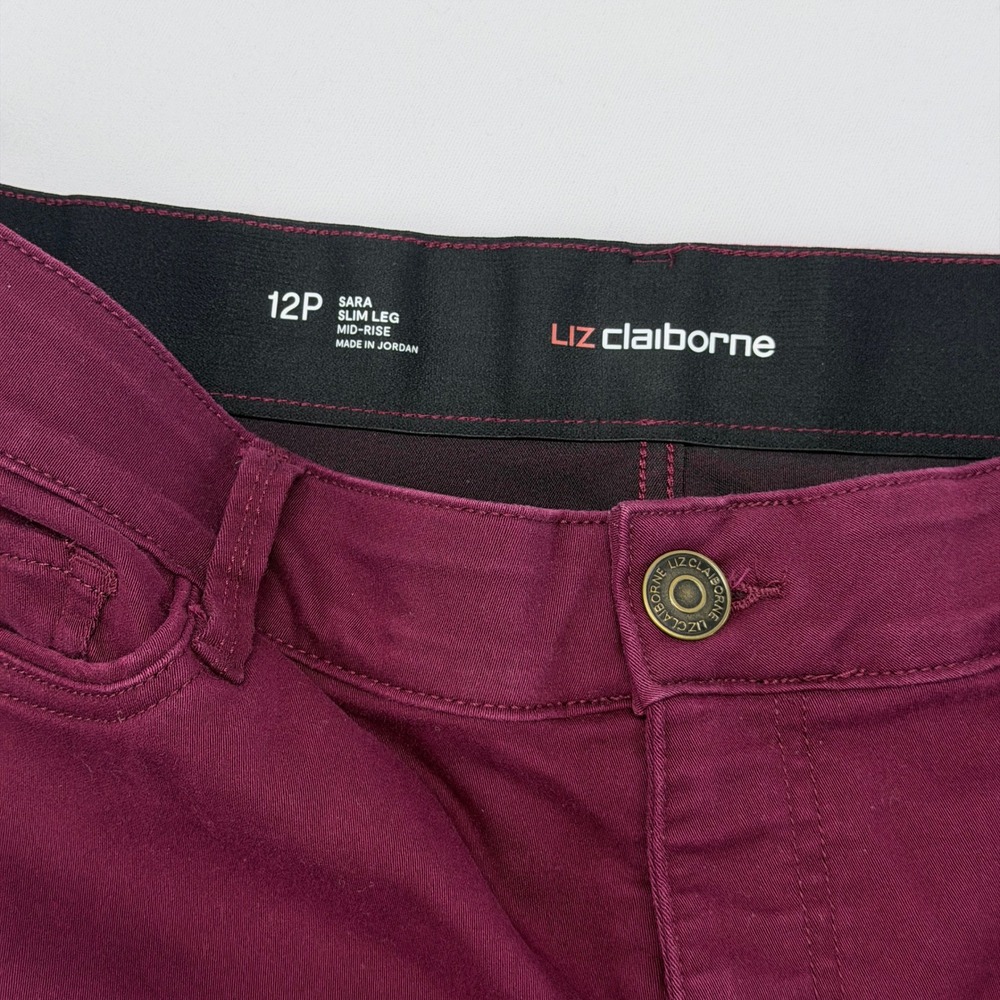 Liz Claiborne Sara Slim Leg Mid-Rise Pants Burgundy Plum 12P Petite - Picture 3 of 8